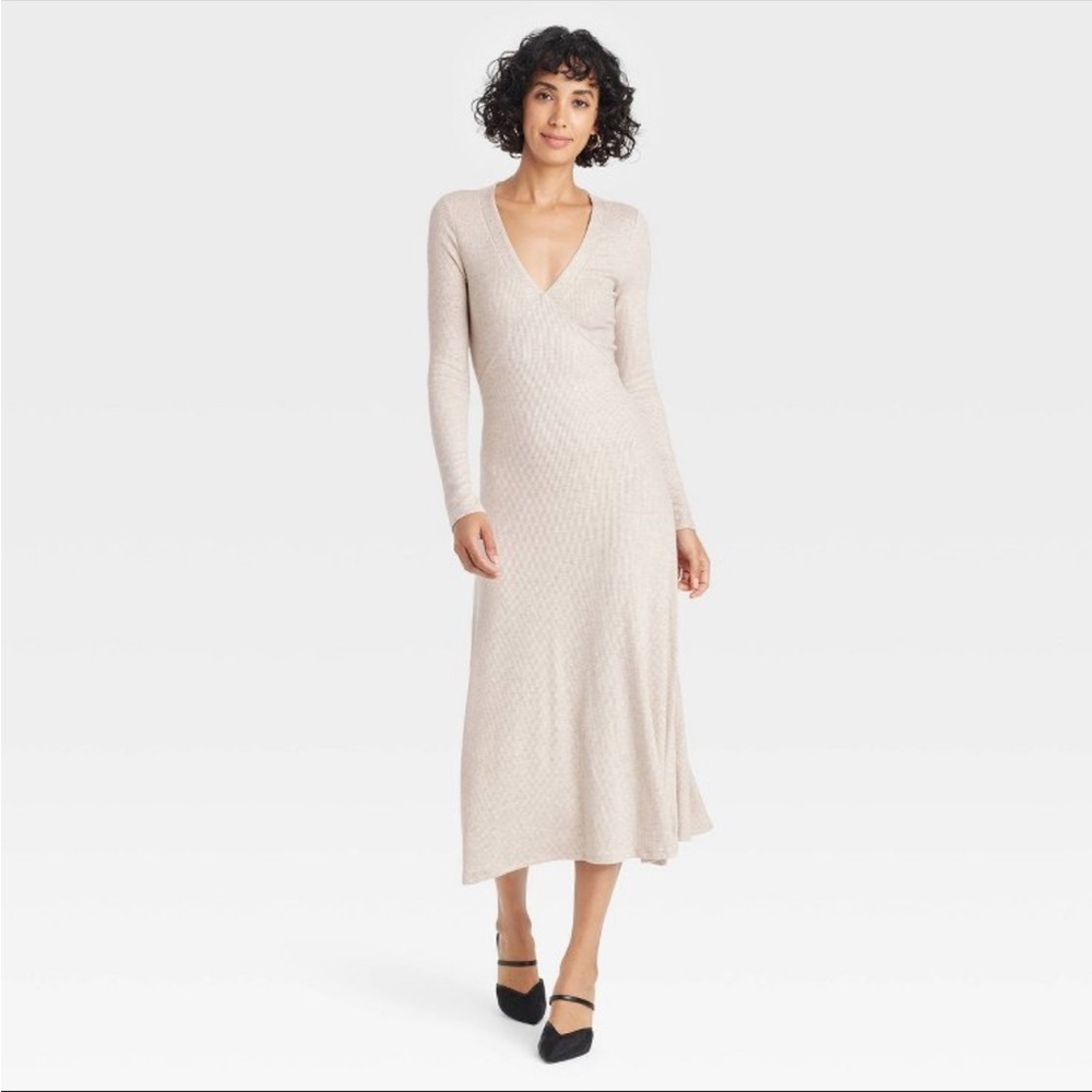 Target A New Day Long Sleeve Midi A Line Dress Tan